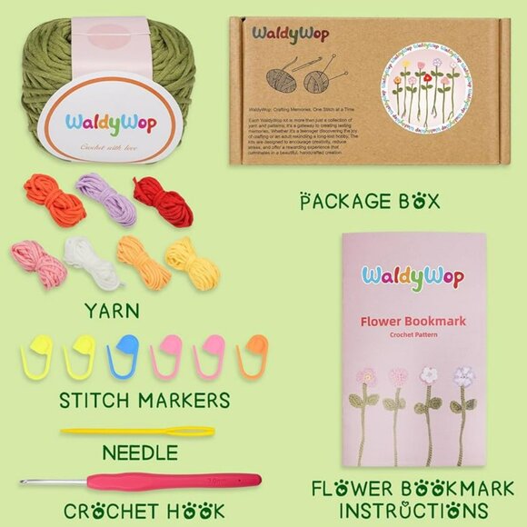 NEW 8 Flower Bookmarks Knitting Kit with Soft Yarn and Hook for Beginners - Picture 2 of 7